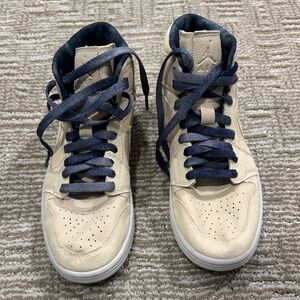 Women's Jordan 1 Beige and Navy High-Top Sneakers